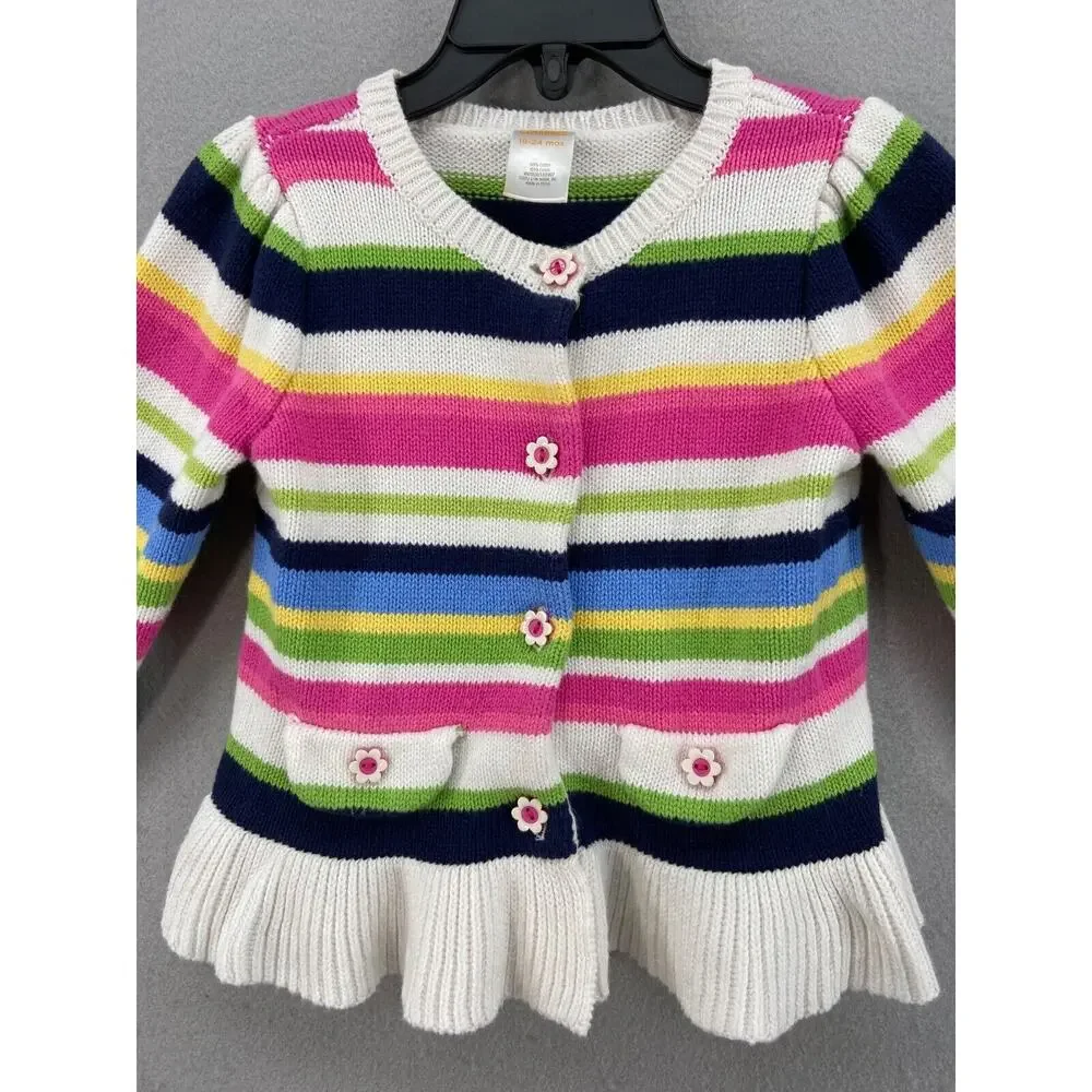 Gymboree Cardigan Girls Sz 18-24 Mos Stripe Sweater Peplum Flower Buttons Cotton